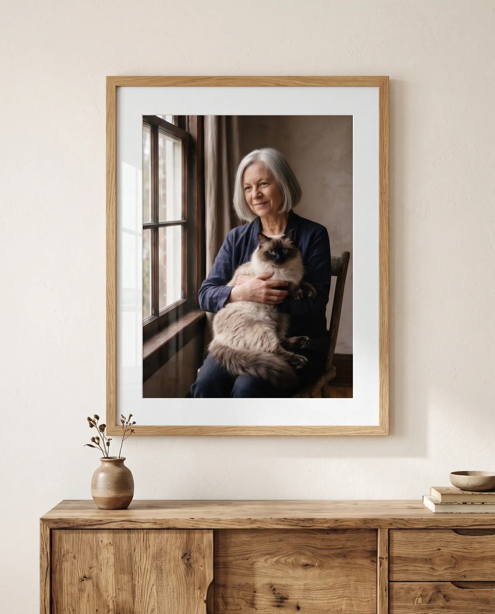 A finished portrait printed and framed in oak above a sideboard