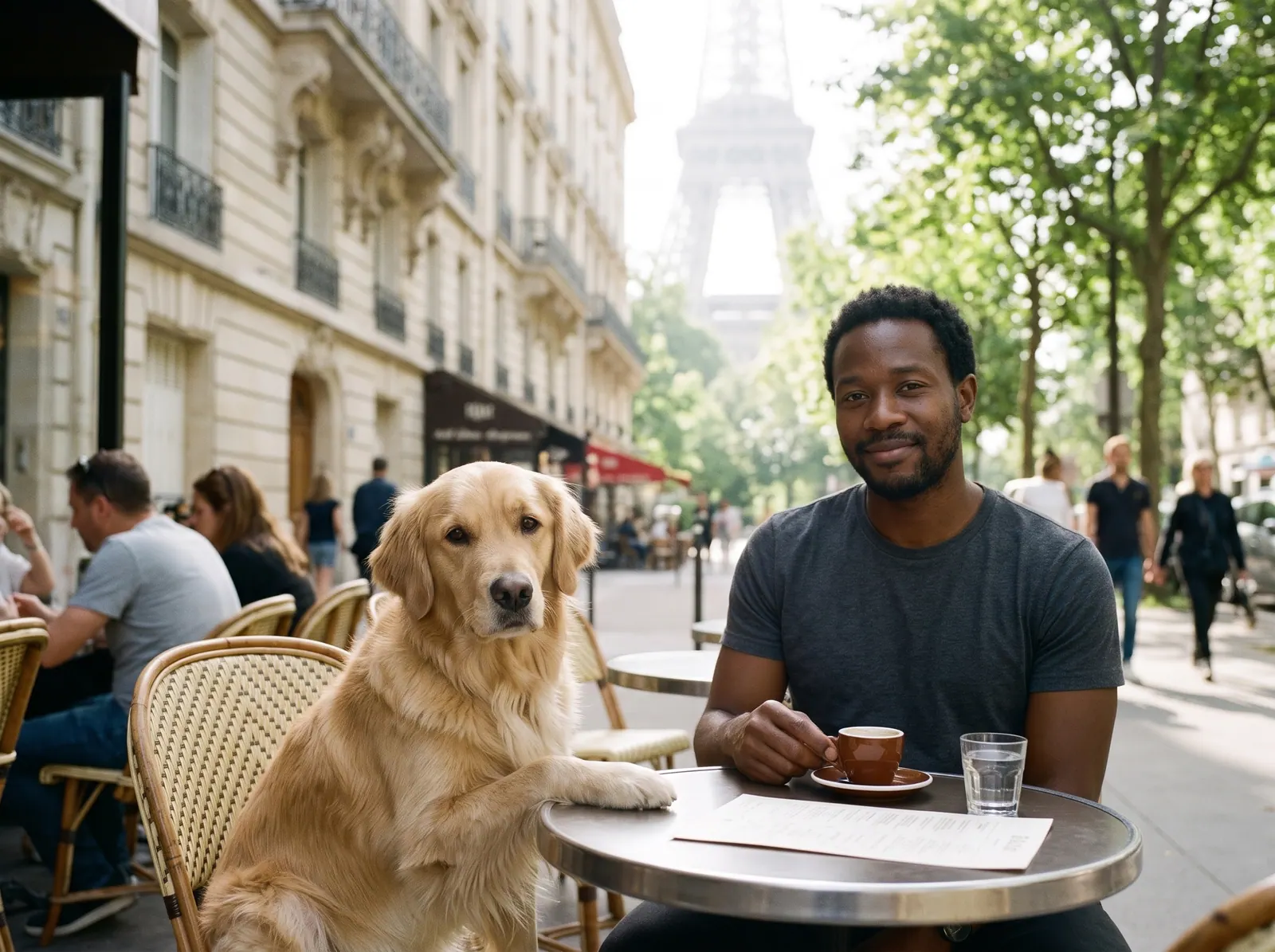 A man at a Paris café table with his golden retriever, the Eiffel Tower behind them