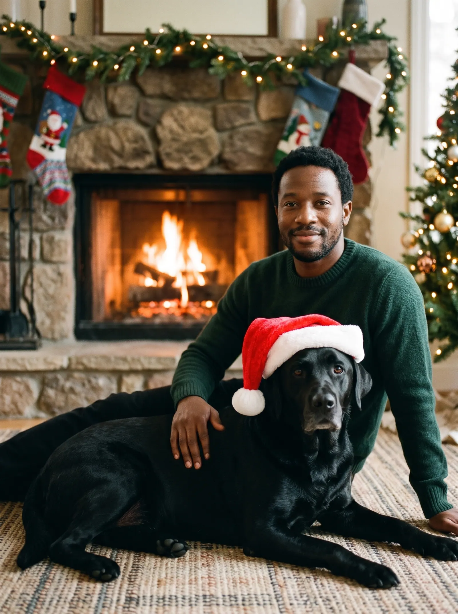A man by a fireplace with stockings, his black Labrador in a Santa hat leaning on him
