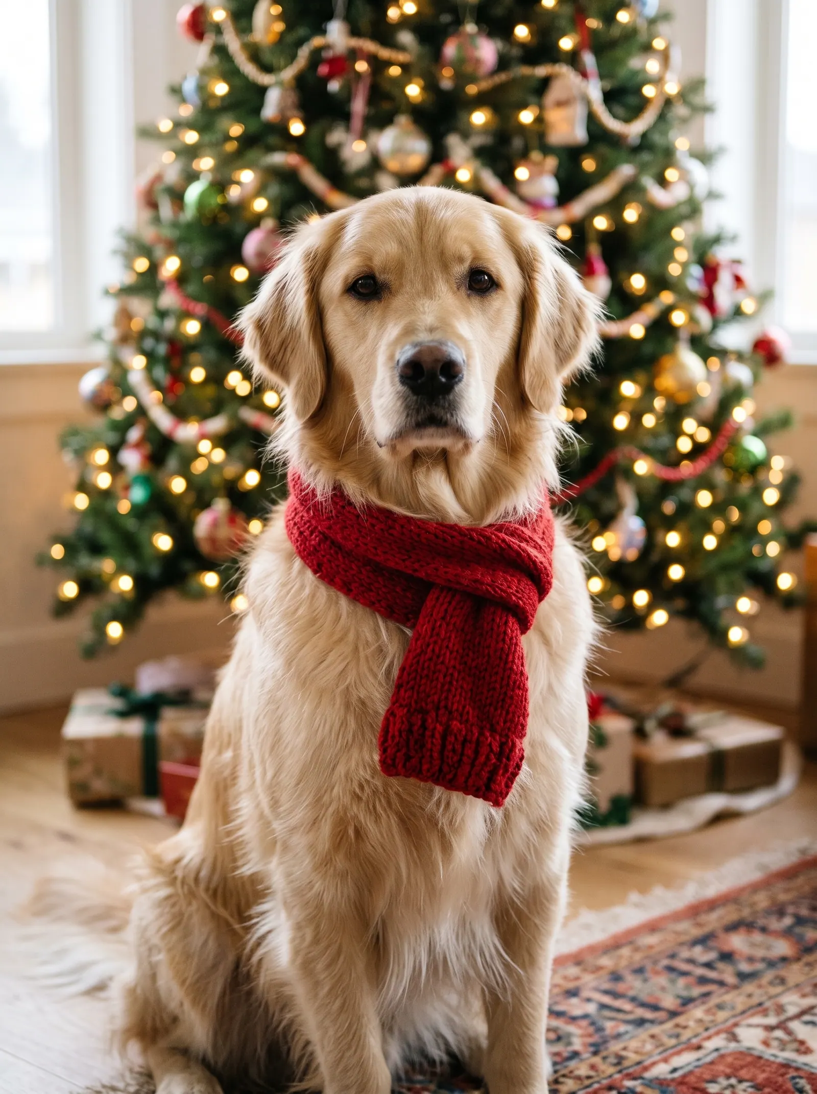 A golden retriever alone in front of a Christmas tree wearing a red knitted scarf