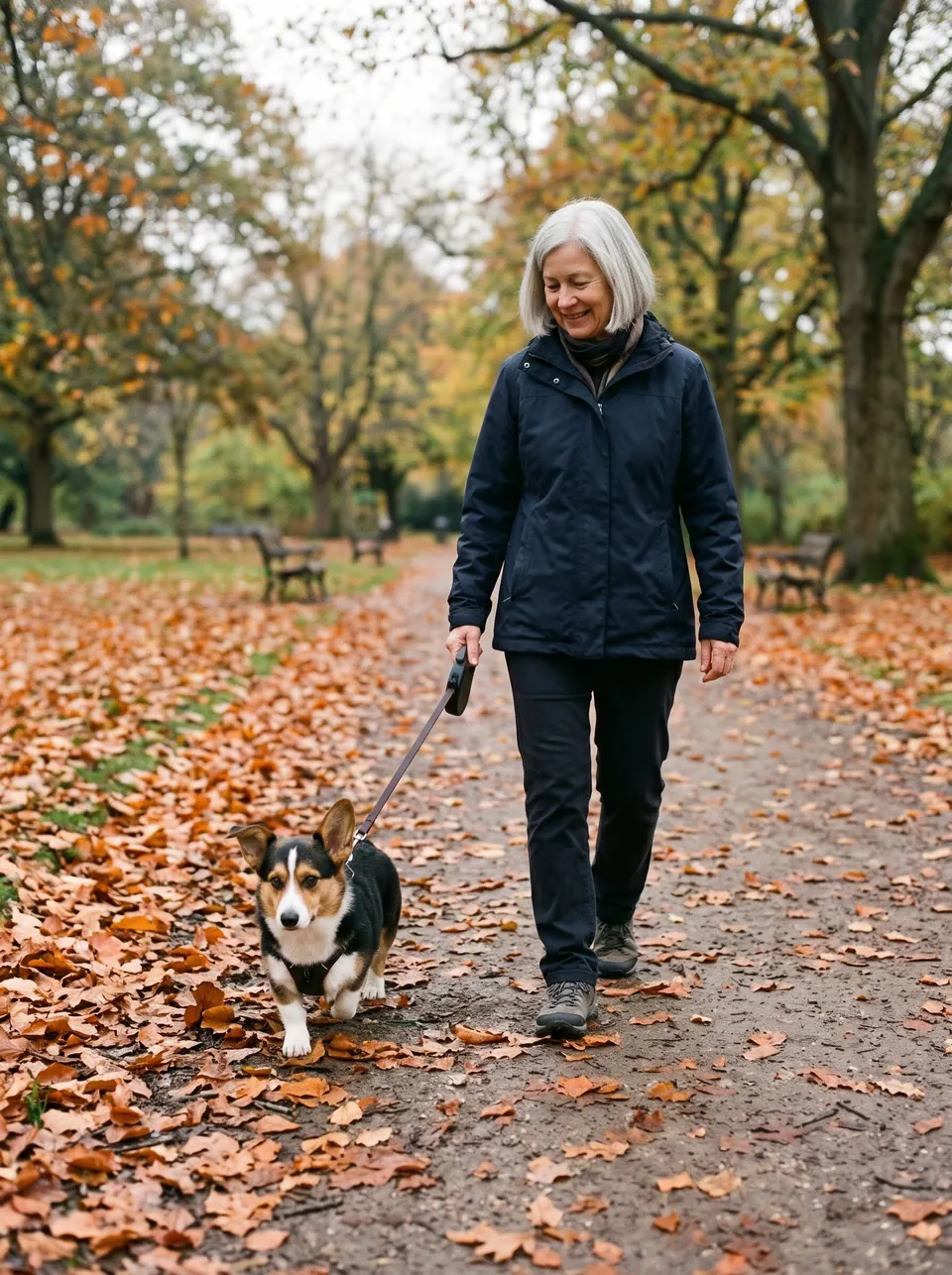 Autumn Park Walk: a woman with a silver bob with a tricolor corgi