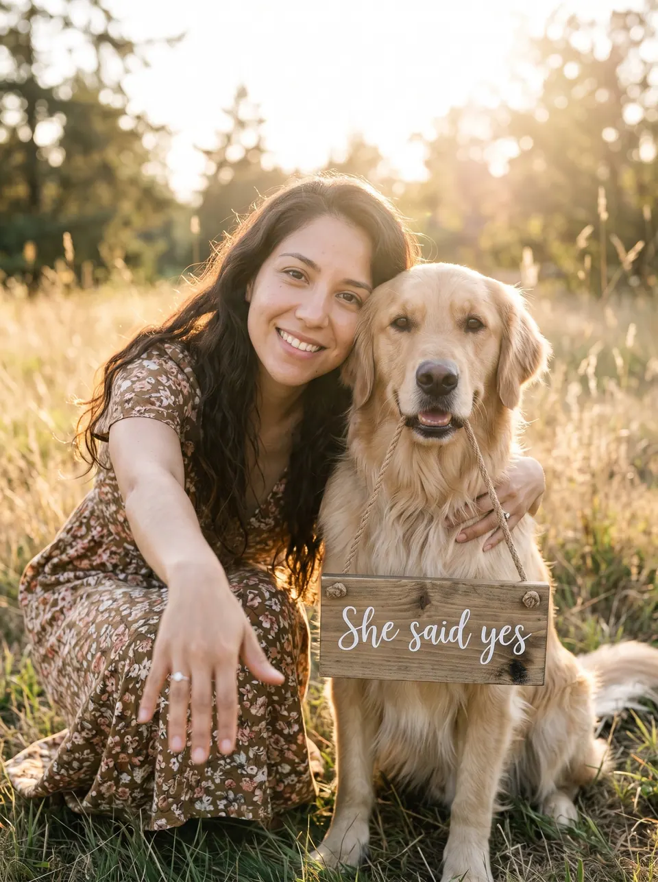 She Said Yes: a woman with long wavy brown hair with a golden retriever