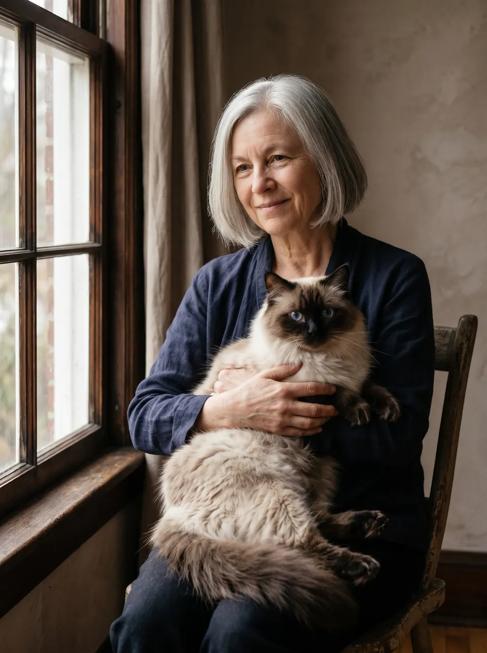 Window Light Fine Art: a woman with a silver bob with a Ragdoll cat