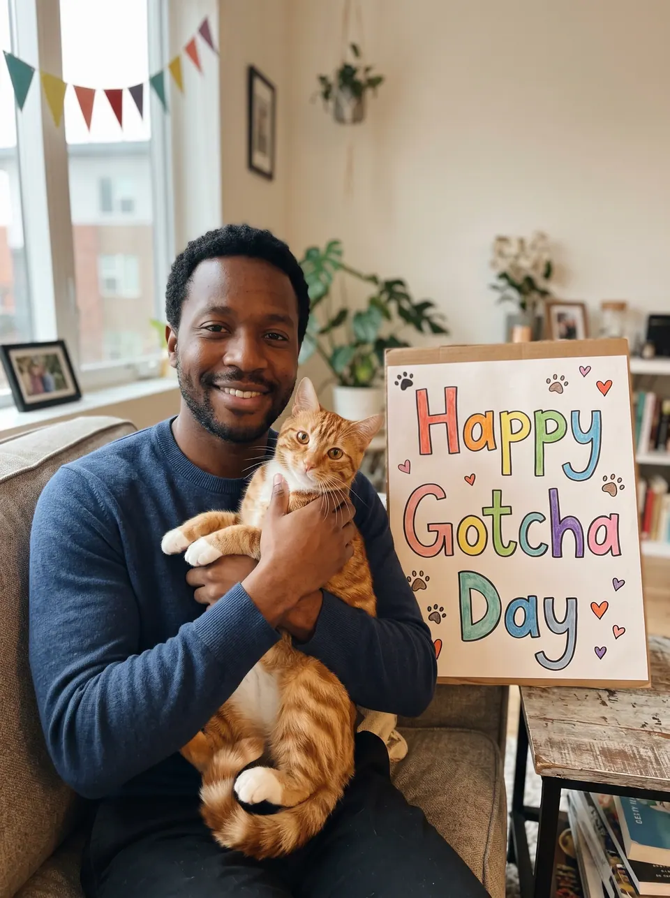 Gotcha Day: a man with a short beard with an orange tabby cat