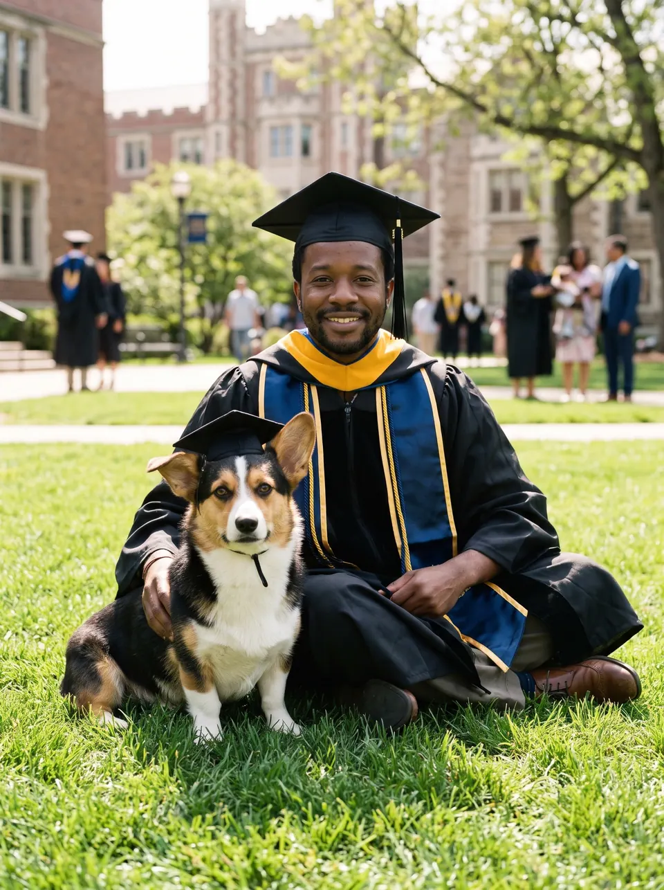 Graduation Day: a man with a short beard with a tricolor corgi