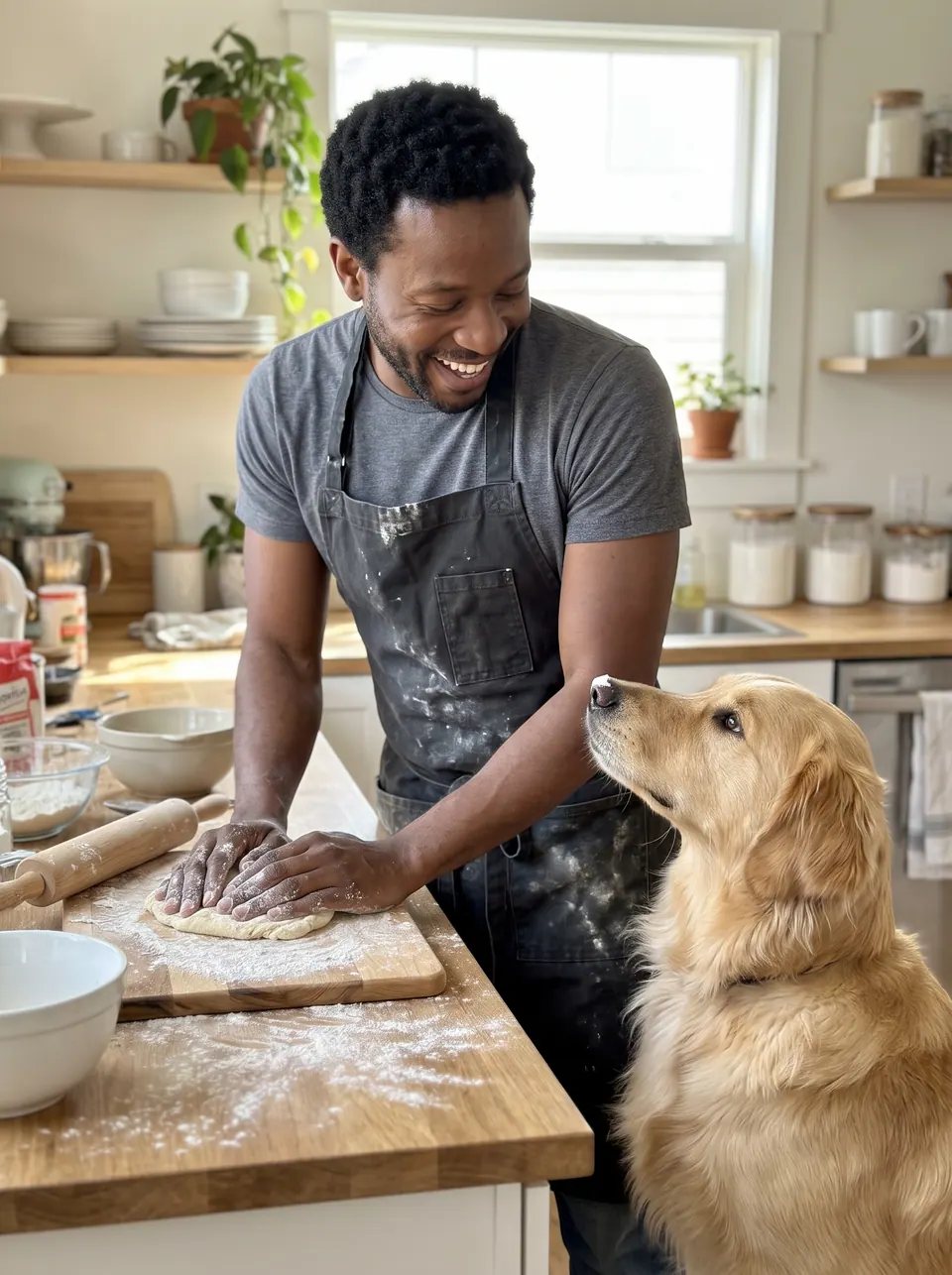 Result: the same man baking bread with his golden retriever watching