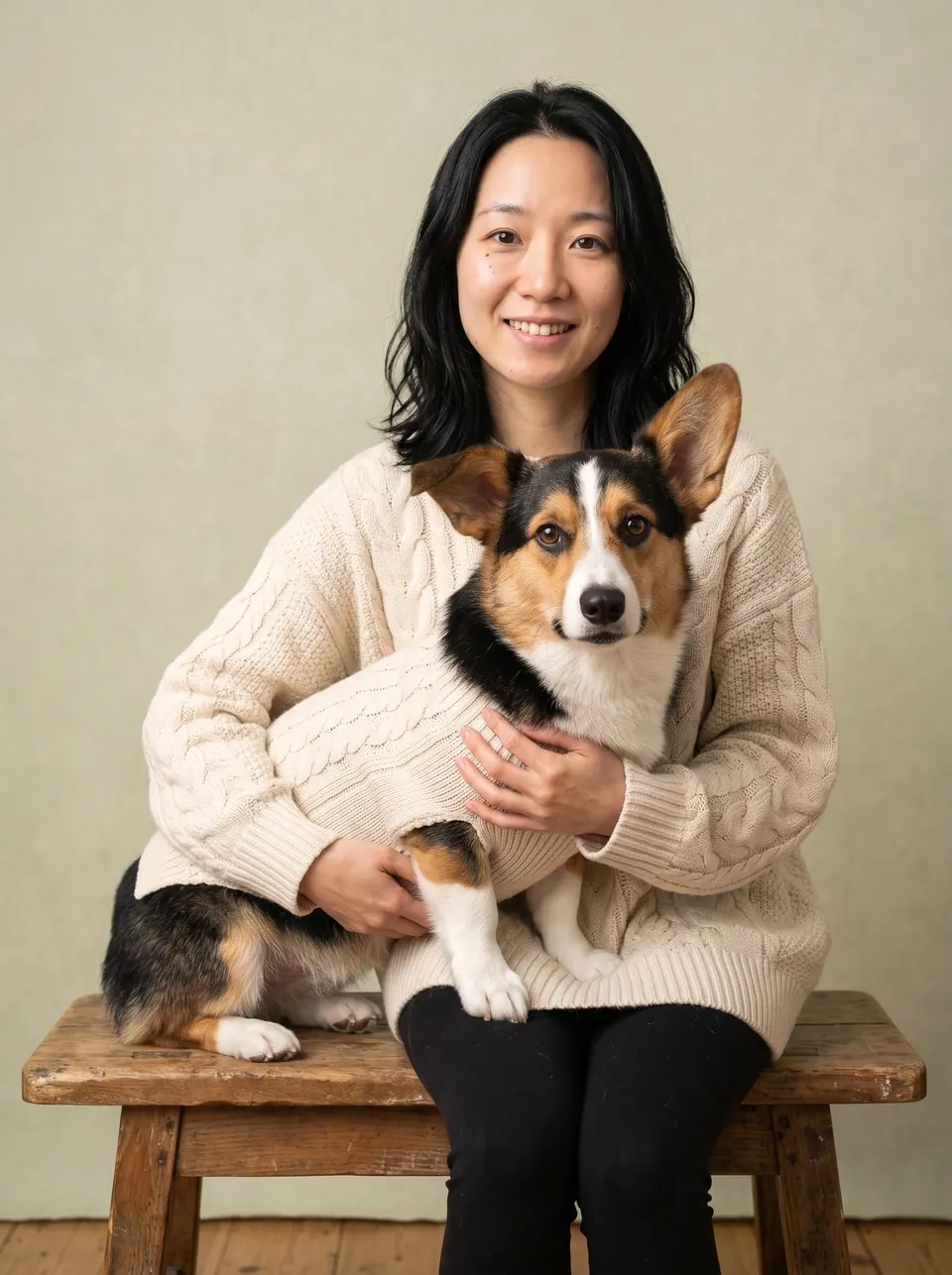Twinning Outfits: a woman with shoulder-length black hair with a tricolor corgi