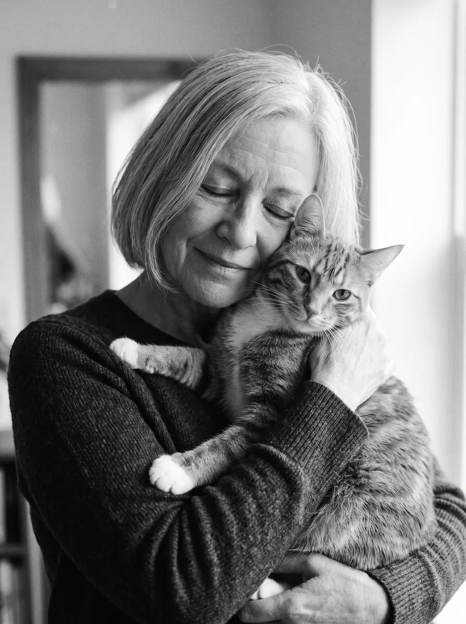 Memorial Portrait: a woman with a silver bob with an orange tabby cat