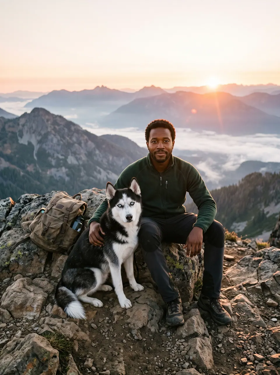 Mountain Summit: a man with a short beard with a Siberian husky