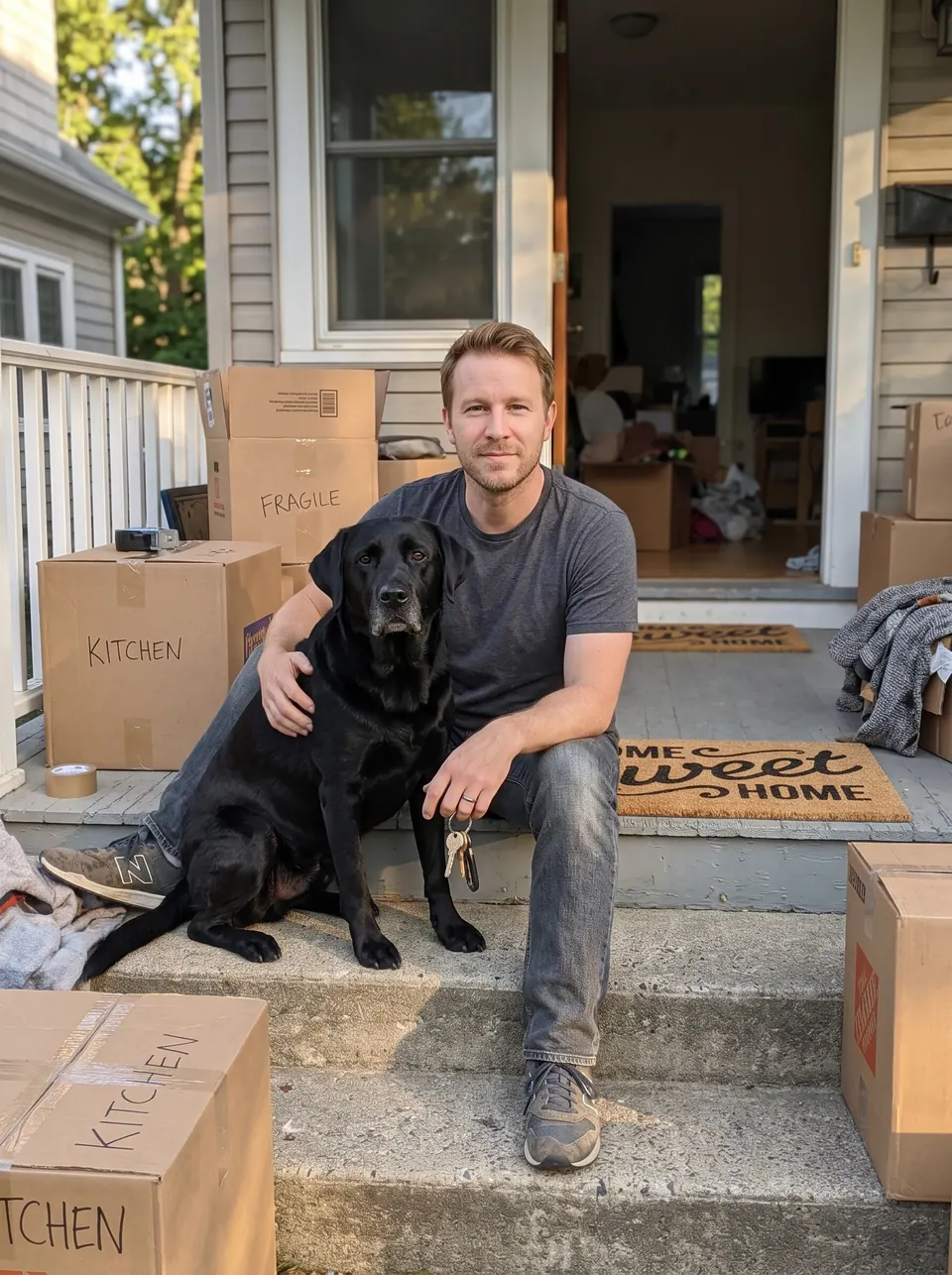 New Home: a man with light-brown hair and stubble with a black Labrador