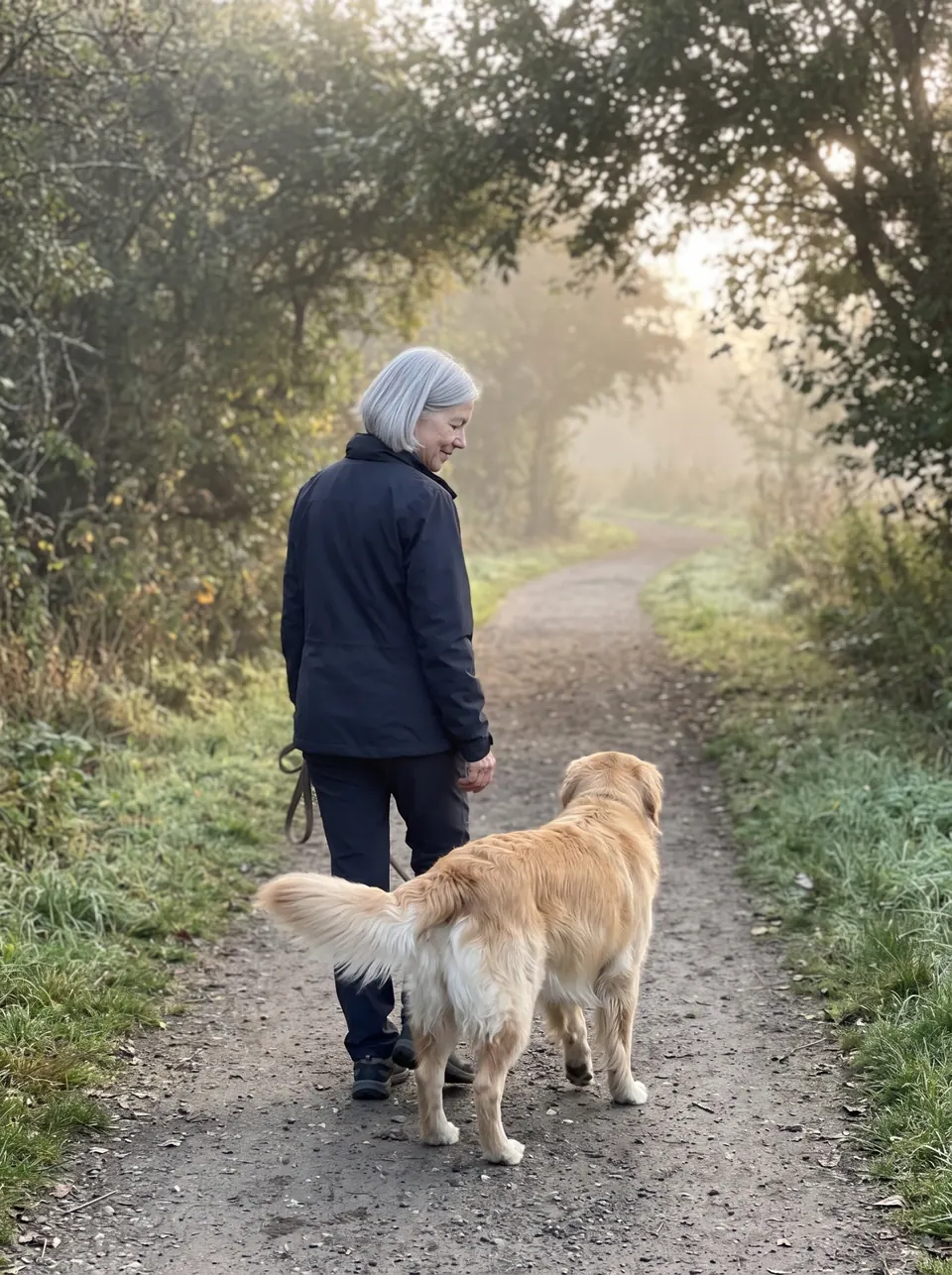 One Last Walk: a woman with a silver bob with a golden retriever