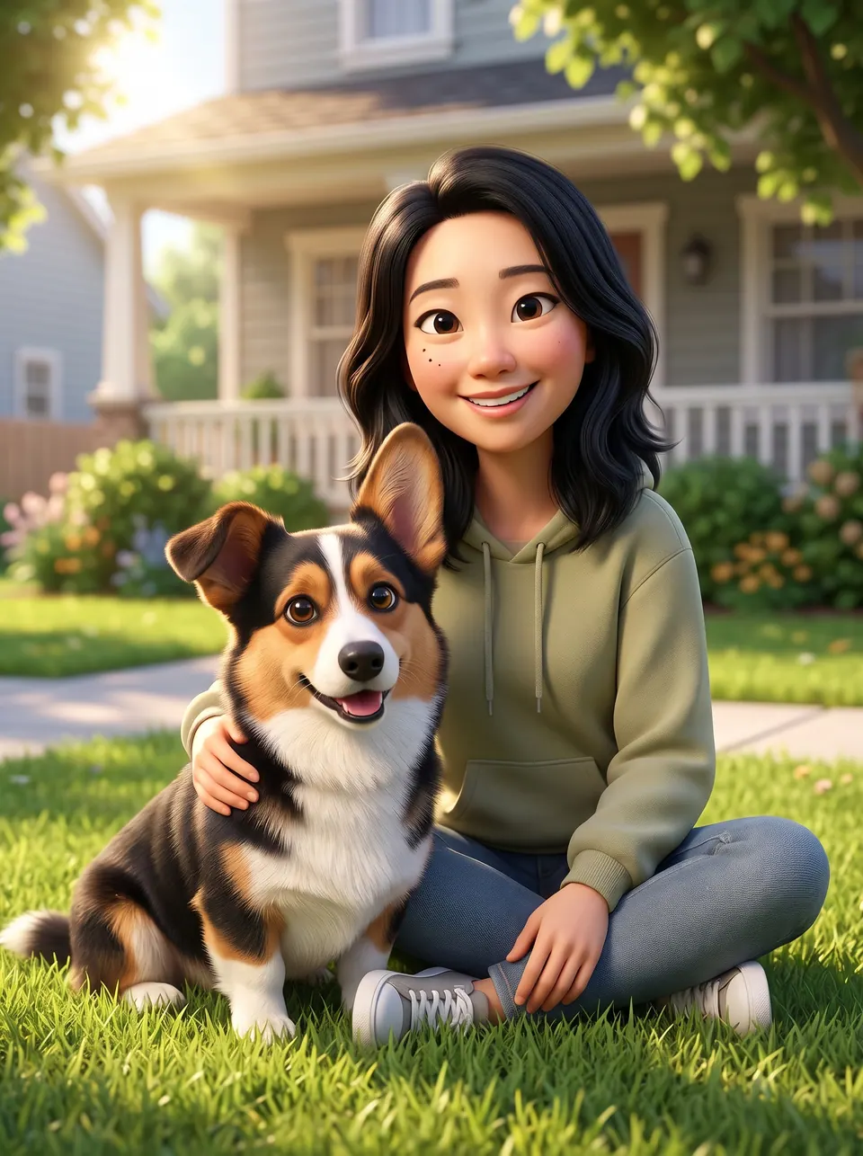 Animated Duo: a woman with shoulder-length black hair with a tricolor corgi