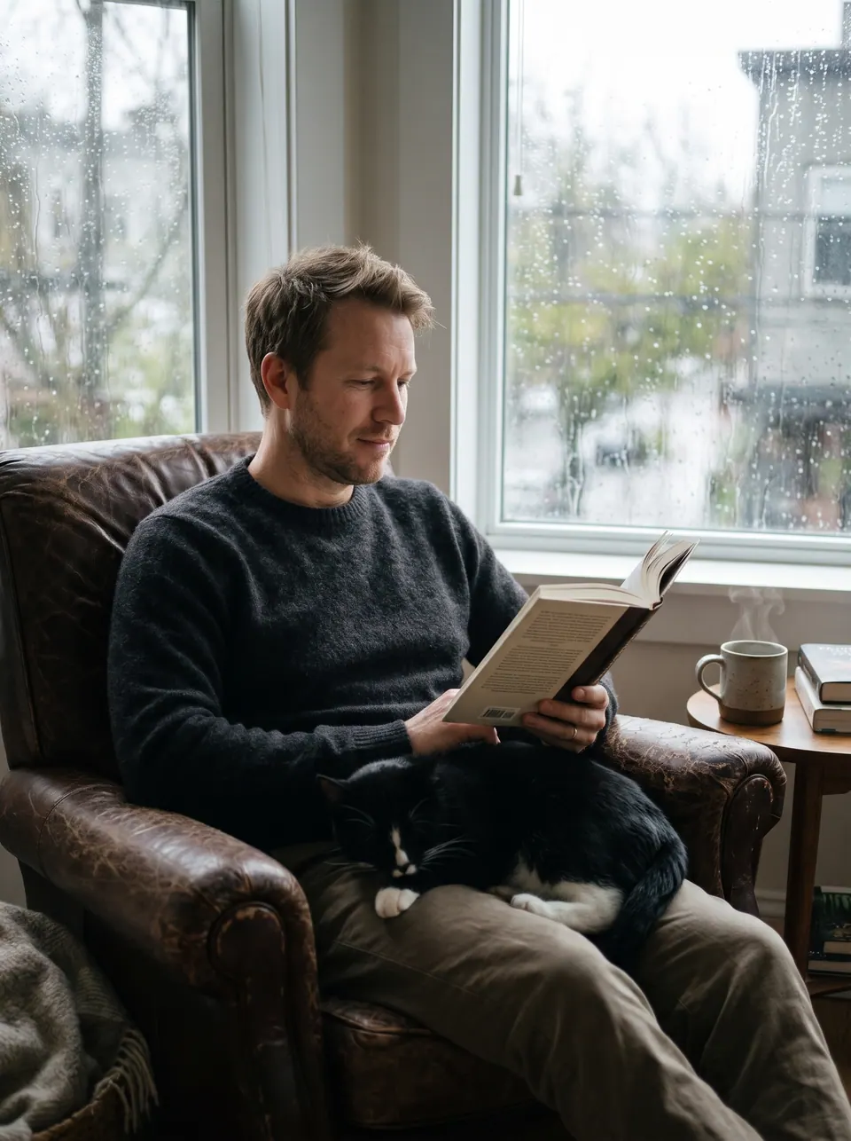 A man reading with his tuxedo cat asleep on his lap