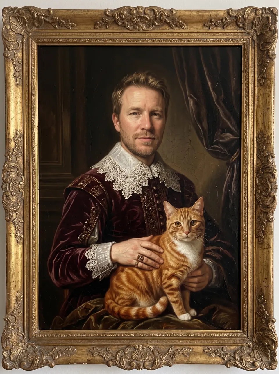 Renaissance Oil Painting: a man with light-brown hair and stubble with an orange tabby cat