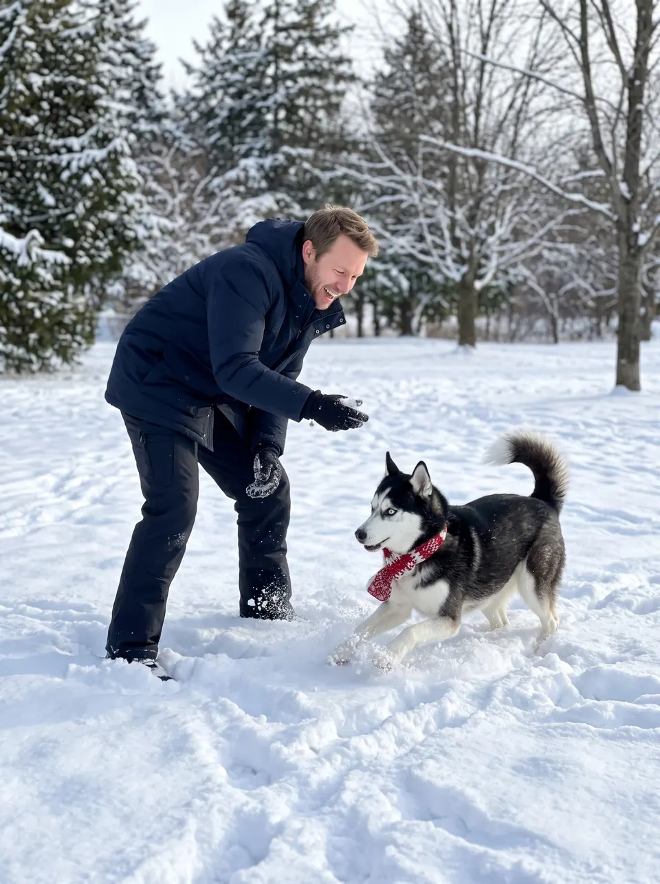 Snow Day: a man with light-brown hair and stubble with a Siberian husky