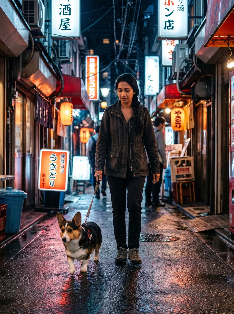 Tokyo Night Street: a woman with a long black braid with a tricolor corgi