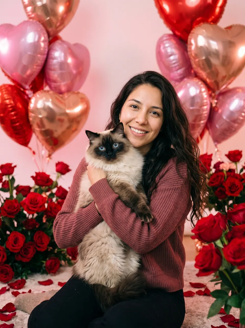 My Valentine: a woman with long wavy brown hair with a Ragdoll cat