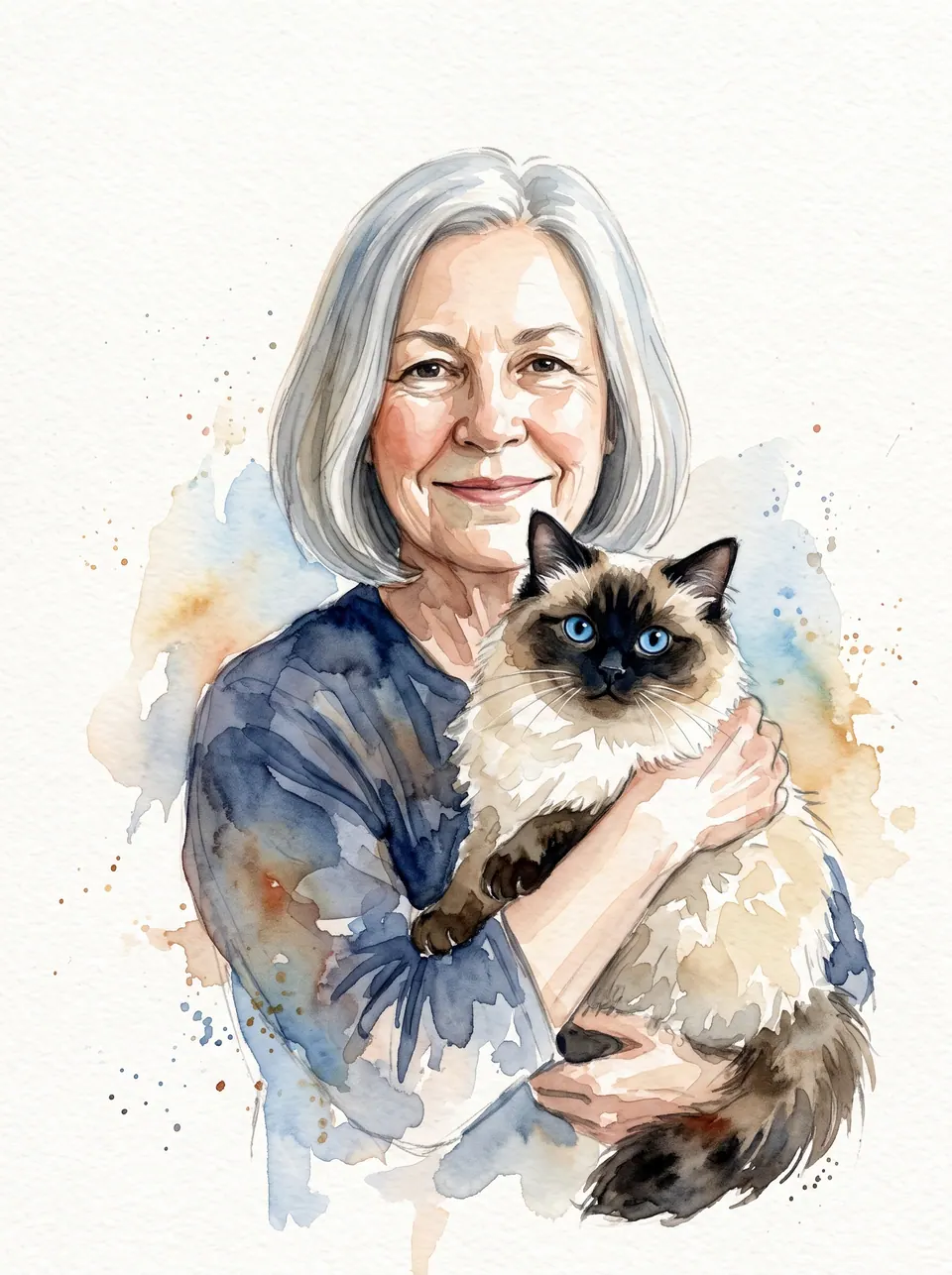 Watercolor Portrait: a woman with a silver bob with a Ragdoll cat