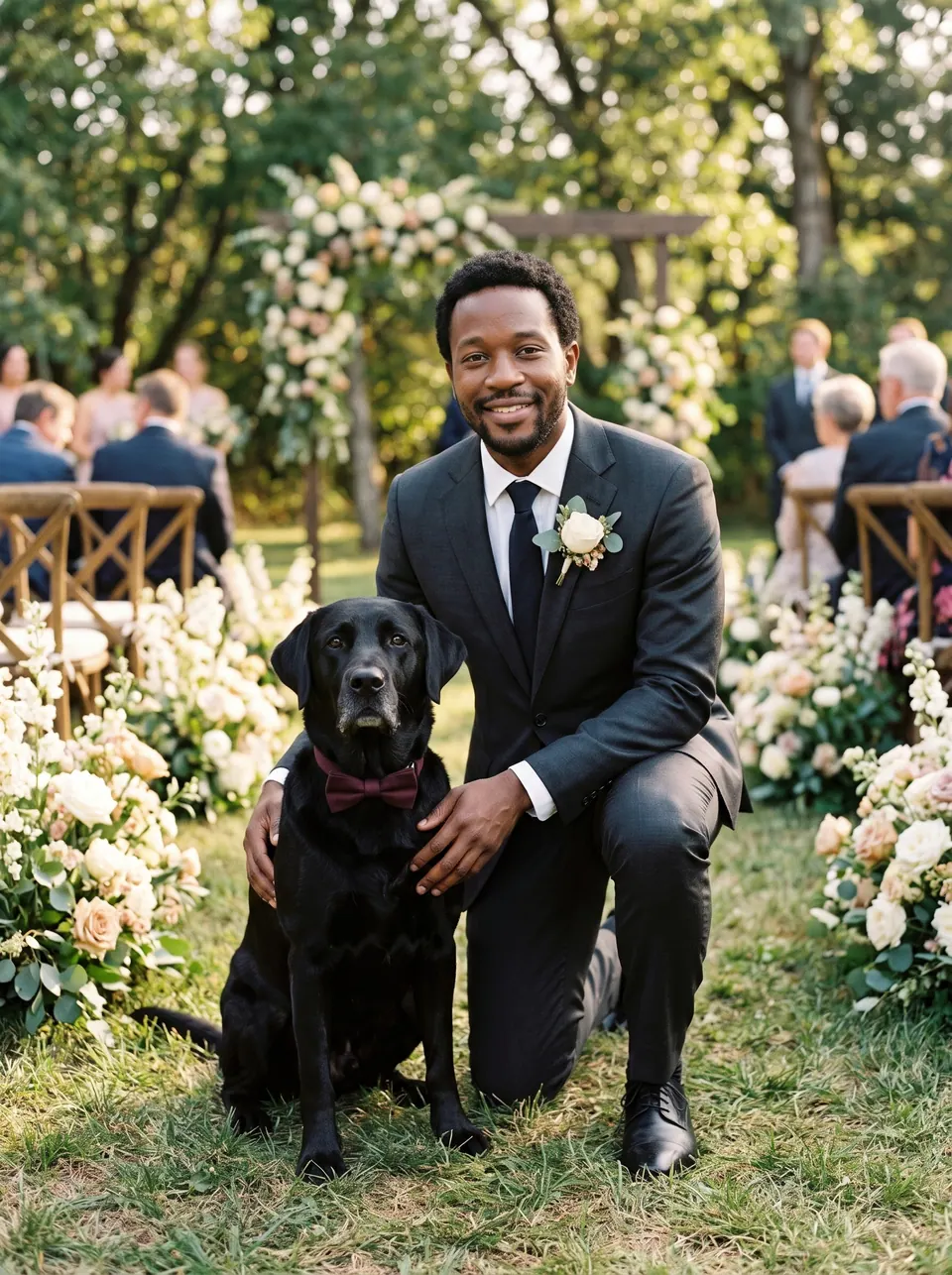 Wedding Day: a man with a short beard with a black Labrador